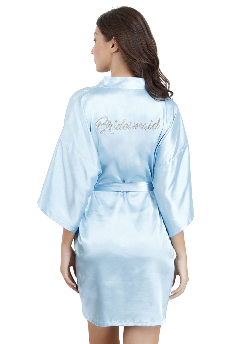 EPLAZA Women's One Size Silver Rhinestones Bride Bridesmaid Short Satin Robes for Wedding Party Getting Ready (Acid Blue, Bridesmaid) - Image 2